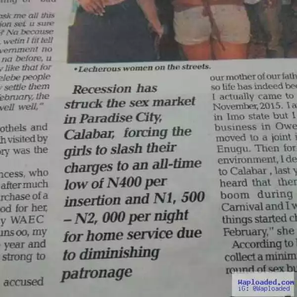 Bad Economy Forces Calabar Prostitutes To Slash Insertion Price